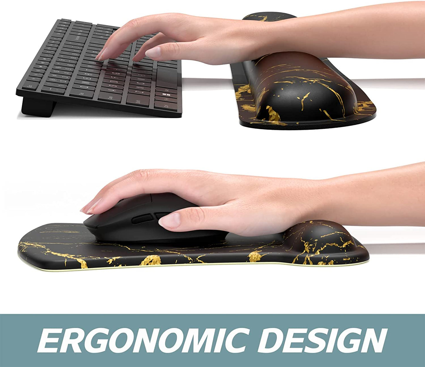 Mouse Pad Wrist Support Keyboard Wrist Rest Pad Ergonomic Mousepad Non-Slip Memory Foam Keyboard Pad Easy Typing Pain Relief Perfect for PC Laptop Gaming Office, Black Gold Marble