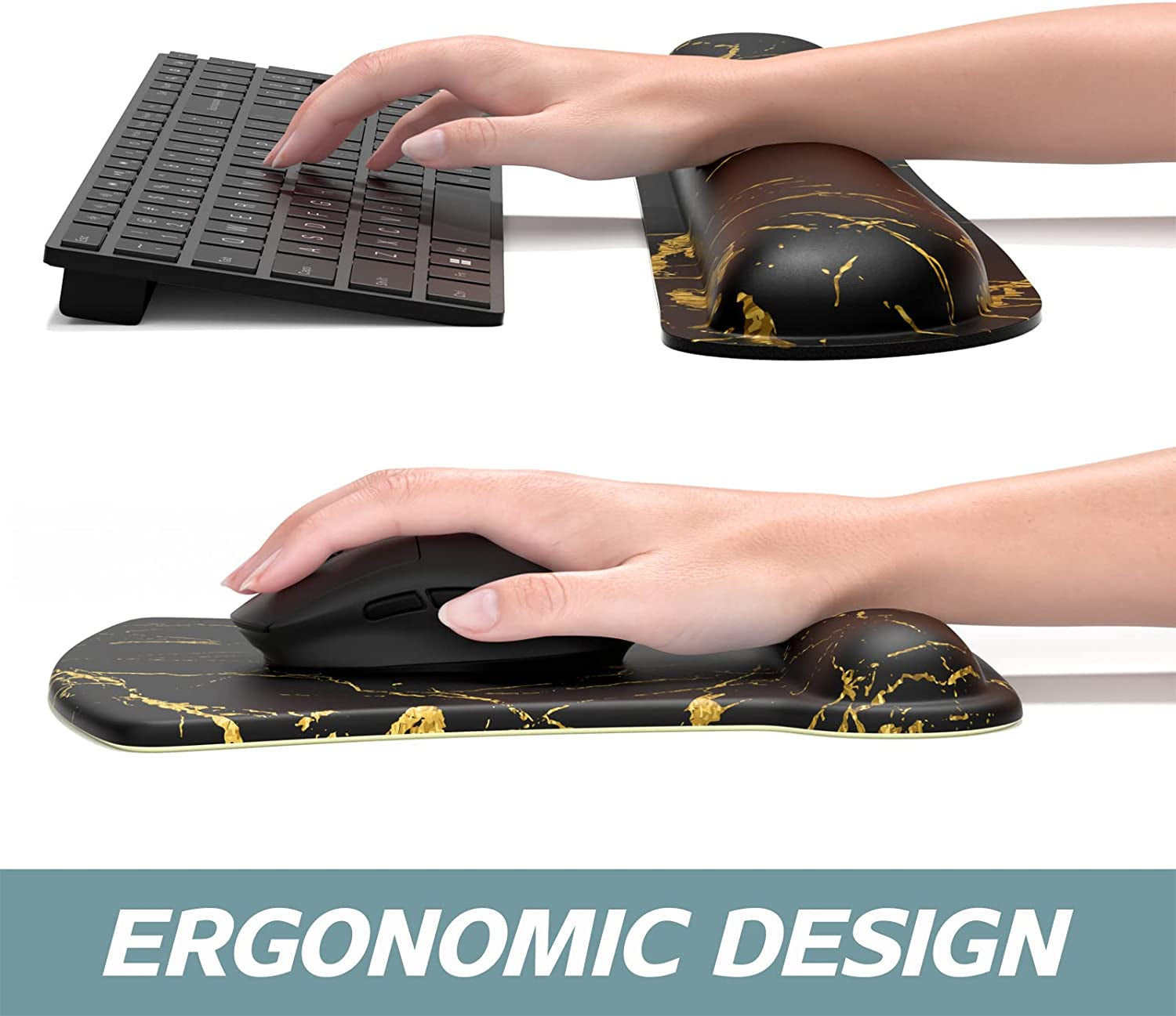 Mouse Pad Wrist Support Keyboard Wrist Rest Pad Ergonomic Mousepad Non-Slip Memory Foam Keyboard Pad Easy Typing Pain Relief Perfect for PC Laptop Gaming Office, Black Gold Marble