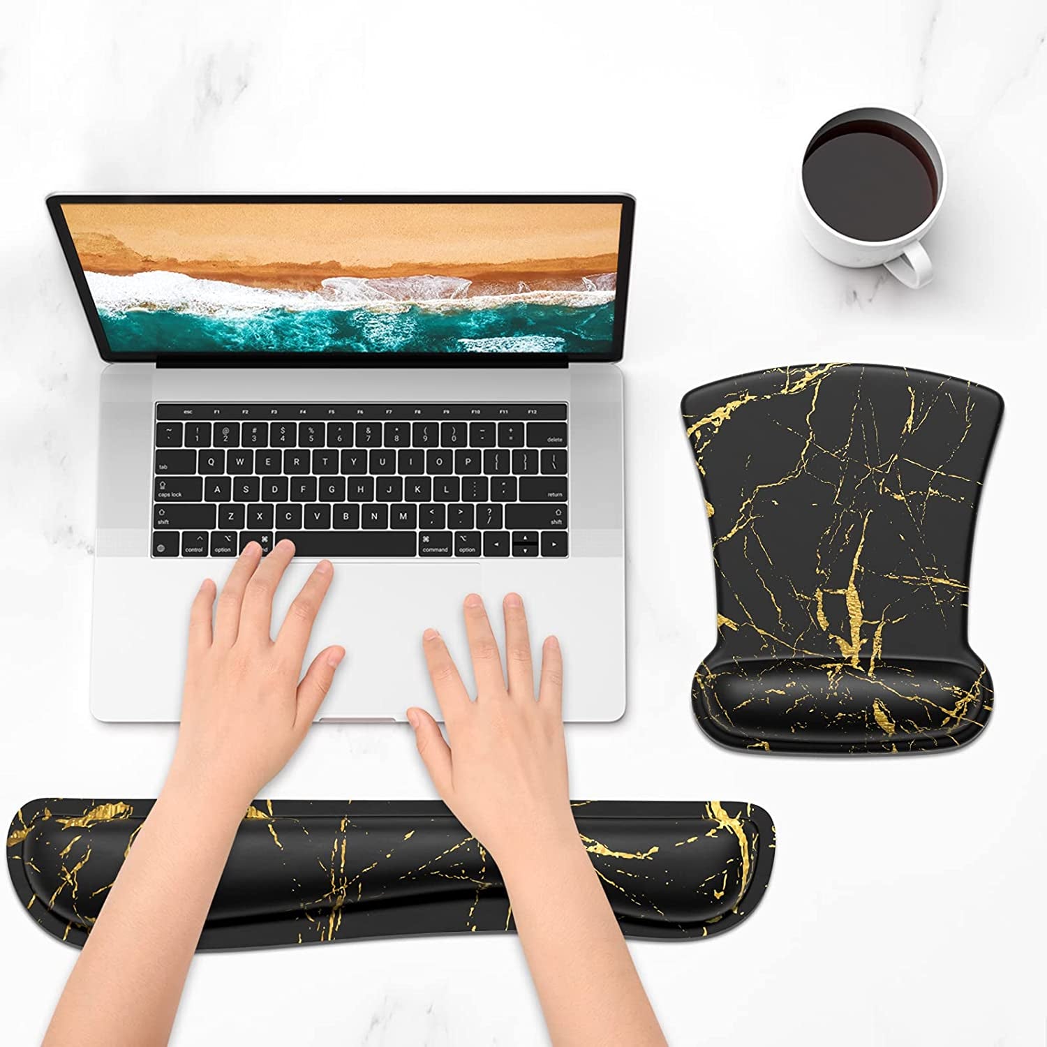Mouse Pad Wrist Support Keyboard Wrist Rest Pad Ergonomic Mousepad Non-Slip Memory Foam Keyboard Pad Easy Typing Pain Relief Perfect for PC Laptop Gaming Office, Black Gold Marble