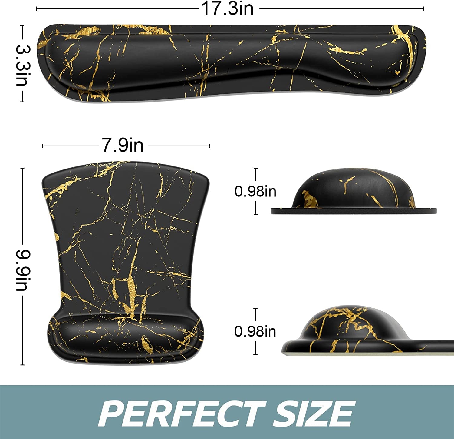 Mouse Pad Wrist Support Keyboard Wrist Rest Pad Ergonomic Mousepad Non-Slip Memory Foam Keyboard Pad Easy Typing Pain Relief Perfect for PC Laptop Gaming Office, Black Gold Marble